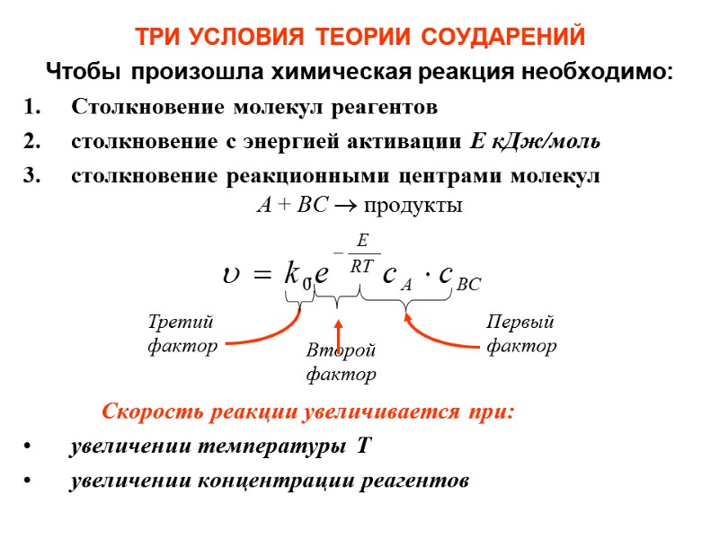 ТРИ УСЛОВИЯ ТЕОРИИ СОУДАРЕНИЙ Чтобы произошла химическая реакция необходимо: Столкновение молекул реагентов столкновение с